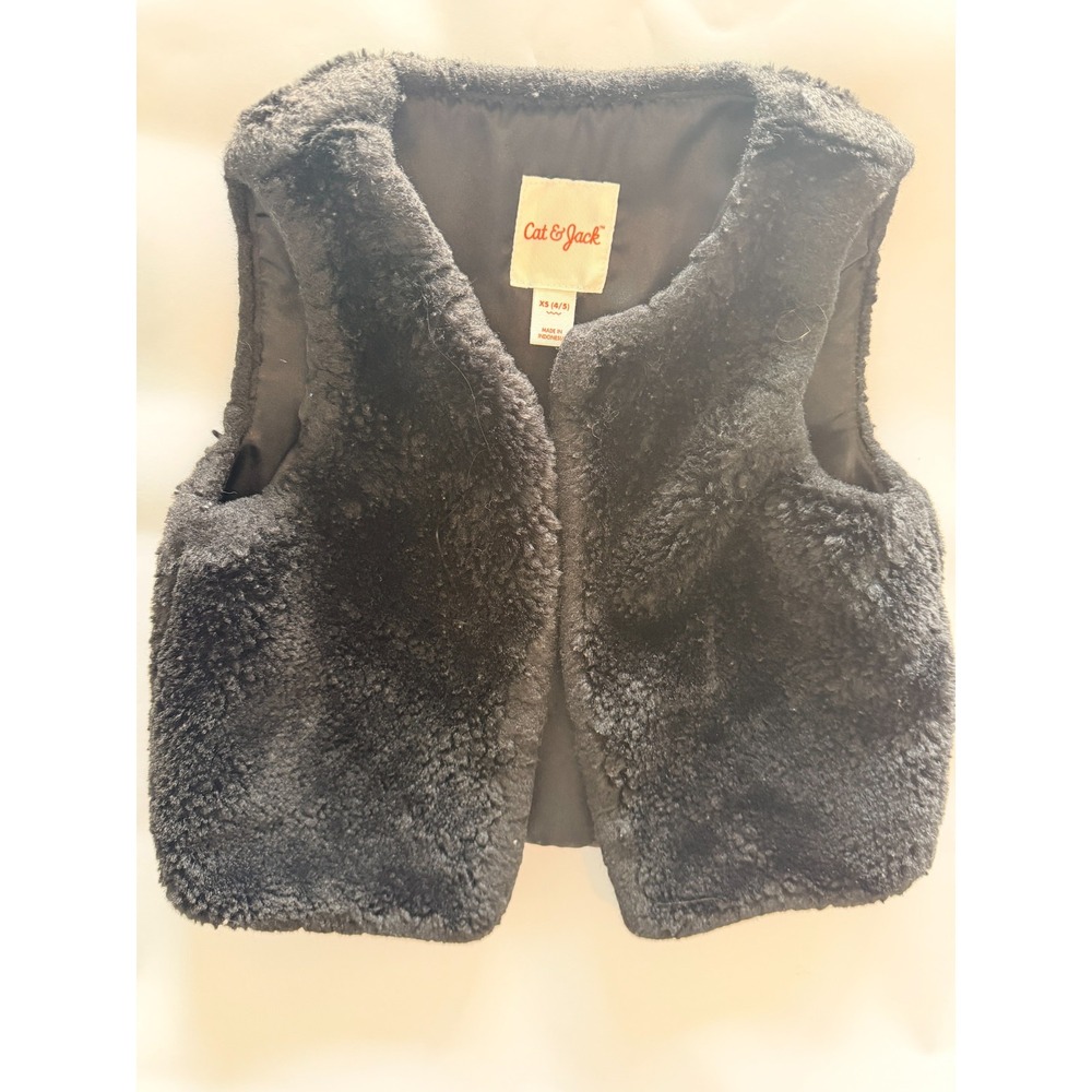 Cat & Jack Girls Black Faux Fur Vest Party Size XS 4/5 Holiday